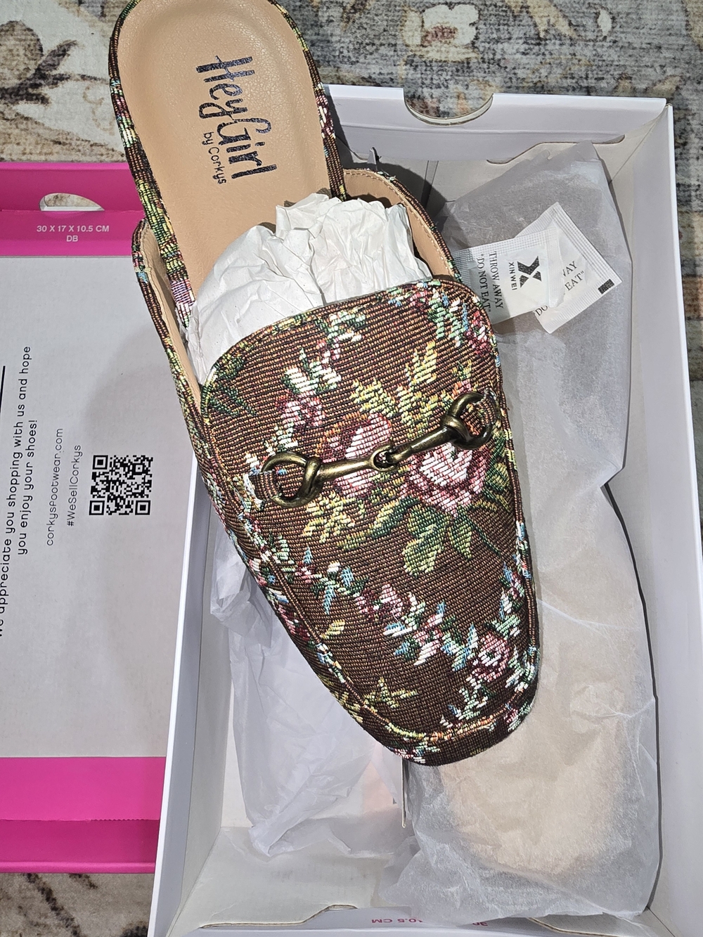 Hey Girl Floral Brown Slip-On Mule with Horsebit Detail